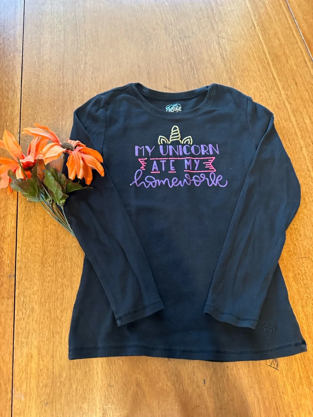 Justice Black Long-Sleeve Tee with Multicolor Unicorn Graphic and Funny Text